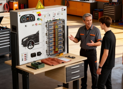 Instructor guiding a student through high-voltage safety procedures using a Lucas-Nülle electric vehicle training system in a classroom lab.