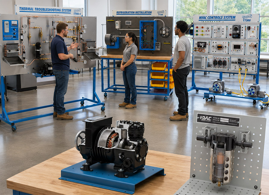 Amatrol learning systems and DAC Worldwide cutaways arranged in an HVAC/R training lab