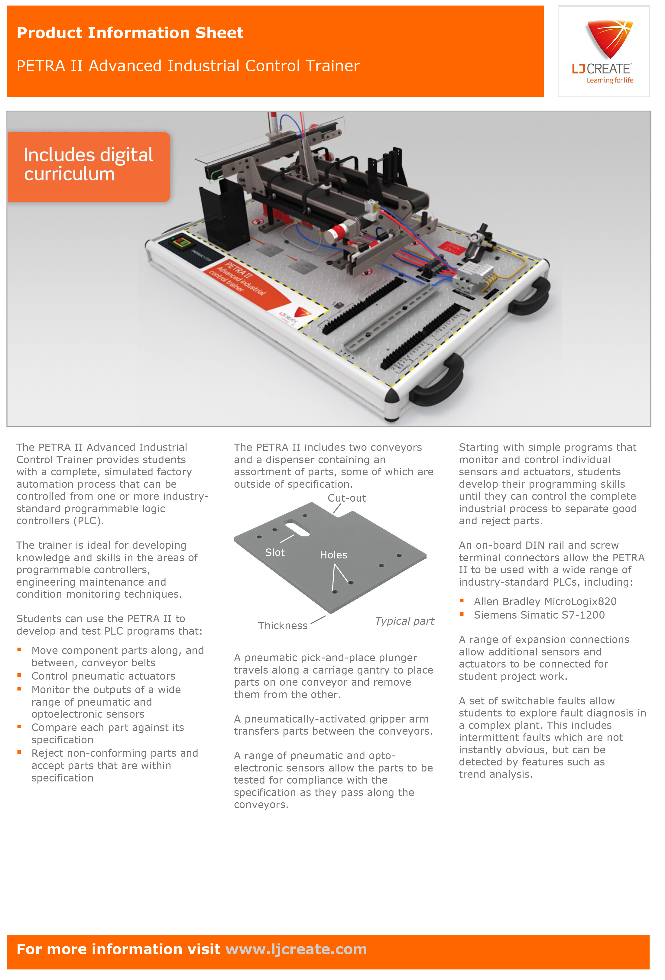 Download PETRA II Advanced Industrial Control Trainer Datasheet (PDF) LJ Create PETRA II Advanced Industrial Control Trainer for hands-on factory automation and PLC programming education