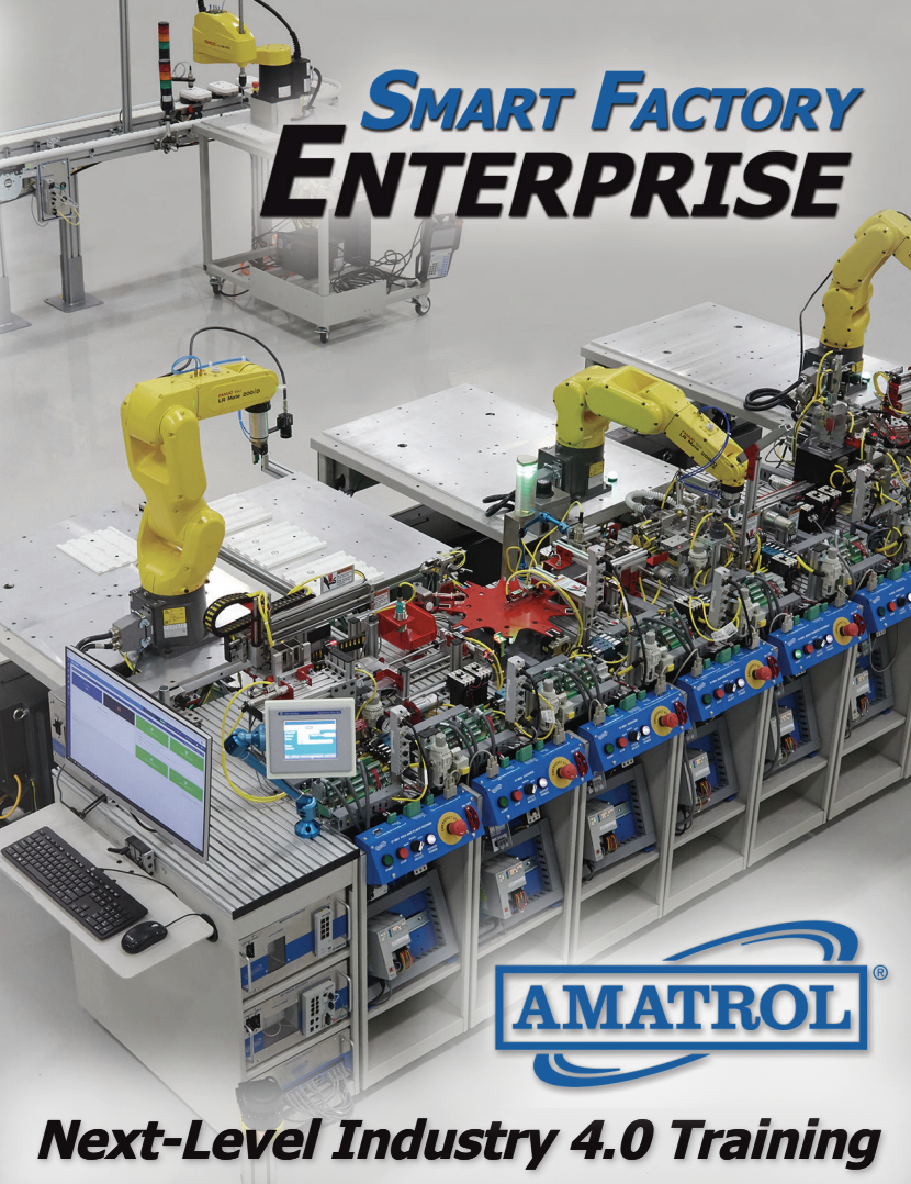 Full enterprise-level Industry 4.0 system integrating robots, conveyors, AMRs, machining center, MES, SCADA, and smart sensors