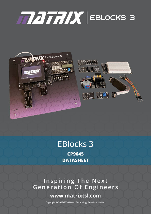 Matrix EBlocks3 modular embedded systems training platform featuring touchscreen controller, microcontroller programming boards, sensors, communications modules, and rapid prototyping hardware for engineering education