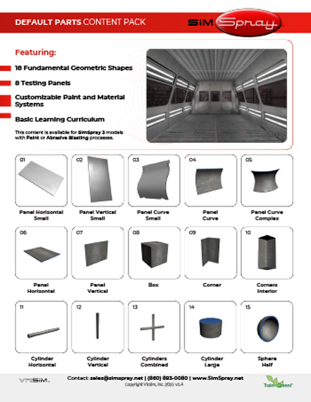 SimSpray 3.0 default content pack with geometric shapes and testing panels