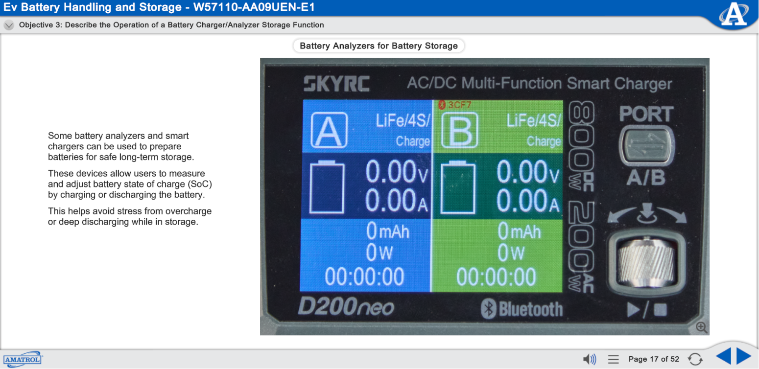 Amatrol eLearning Module – EV Battery Safety and Testing eLearning course content for EV battery safety, diagnostics, and charging fundamentals