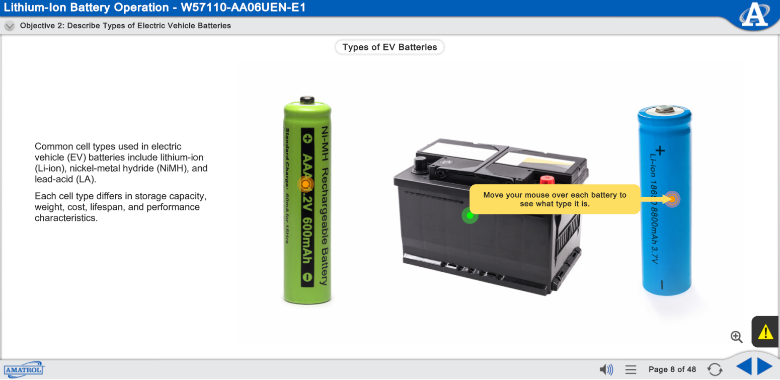 Interactive EV-Battery Training eLearning – Amatrol T7022 Example of interactive Amatrol eLearning showing EV battery concepts and system diagrams