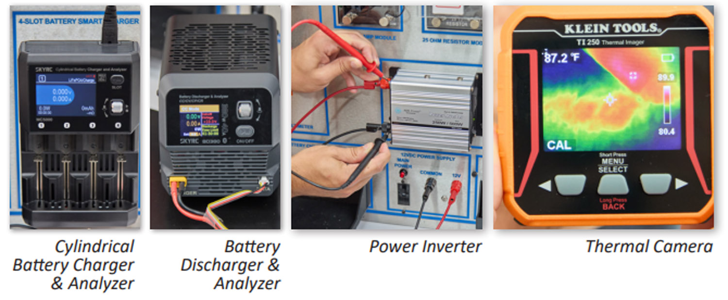 Amatrol T7022 EV Battery Testing and Diagnostic Tools Side-by-side images of discharger/analyzer, inverter, and thermal camera included in the T7022 EV-Battery Technology Fundamentals system