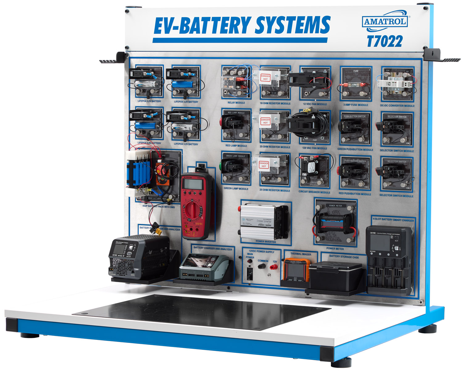 EV-Battery Fundamentals Trainer – Amatrol T7022 Equipment Setup Training workstation for EV battery fundamentals with lithium-ion batteries, BMS, and electrical circuit modules