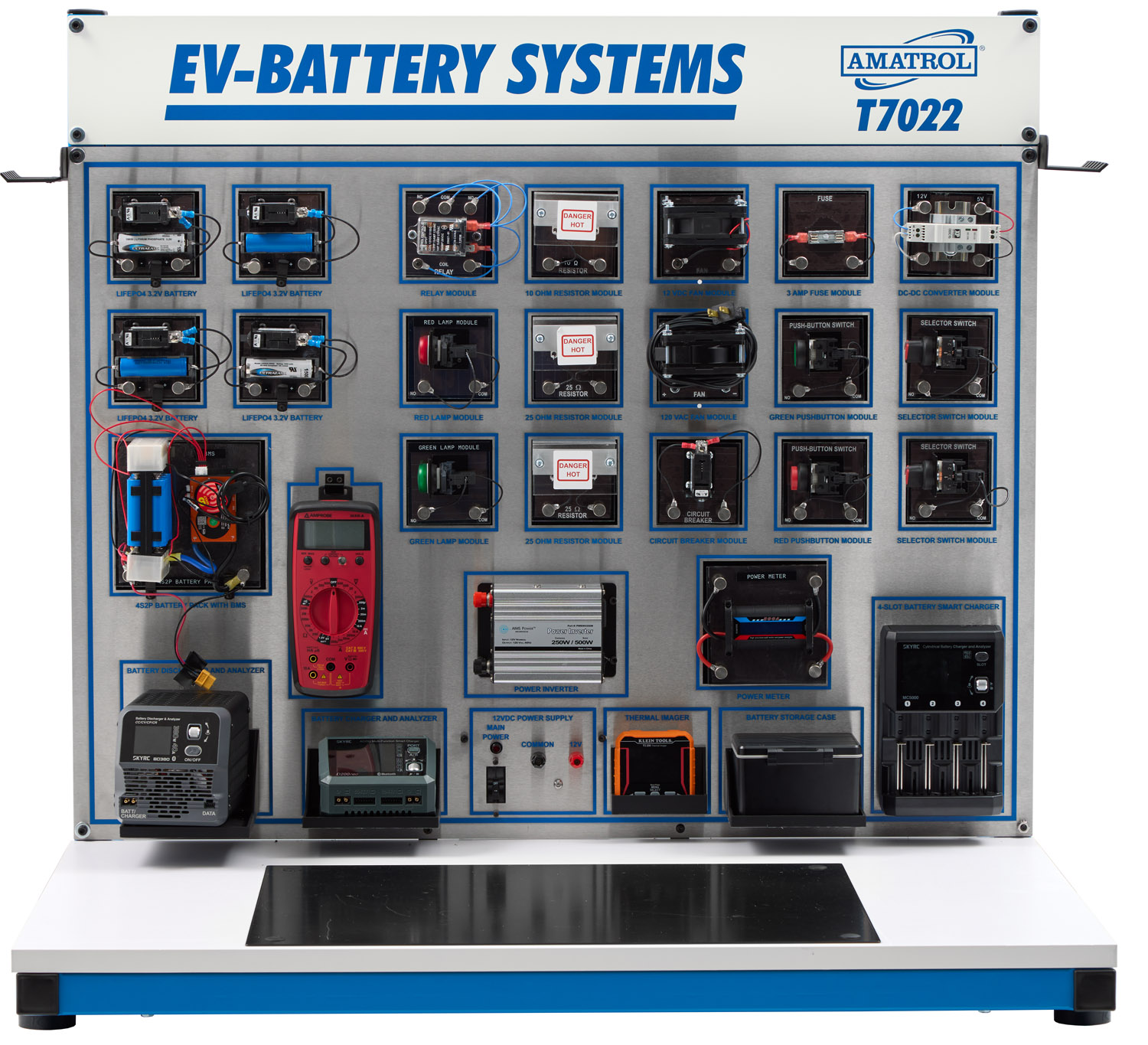 Amatrol T7022 EV-Battery Training System Front View Front view of Amatrol T7022 EV-Battery Technology Fundamentals Learning System showing full training workstation with batteries, chargers, and circuit components