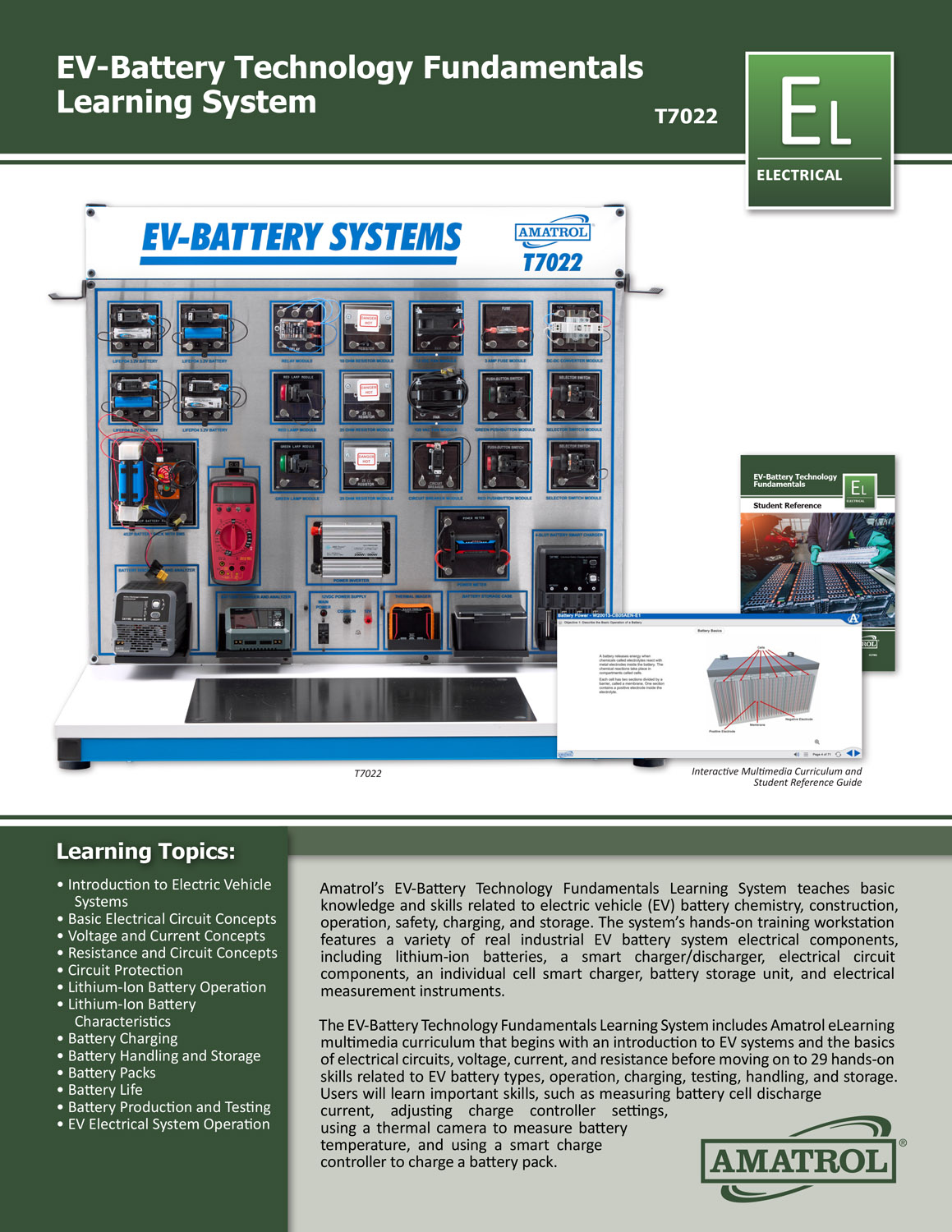 Amatrol EV-Battery Technology Student Reference Guide Reference guide provided with Amatrol T7022 covering EV battery safety, testing, and handling