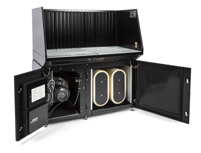 Downdraft table pictured with doors open to display filter chamber and fan motor. CTE Welding Lab Equipped with Prism® Downdraft Table
