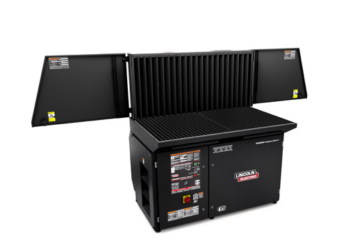 Left and right side panels swing open to allow for larger parts to be pla Welding training station with fume extraction for student safety