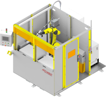 Top view of MOD-WELD Dual Station Fixed Table robotic welding cell with FANUC ARC Mate 120iD