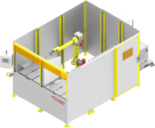 Top view of MOD-WELD Dual Station Fixed Table robotic welding cell with FANUC ARC Mate 120iD